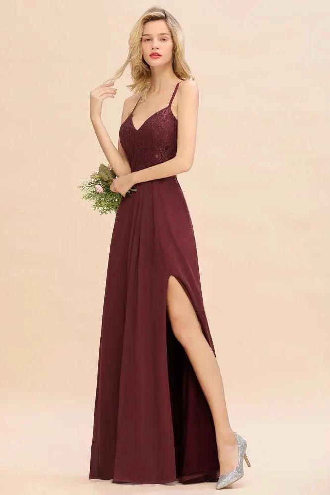 Lace Spaghetti Straps Prom Dresses | A-Line Sleeveless Side Split Evening Dresses