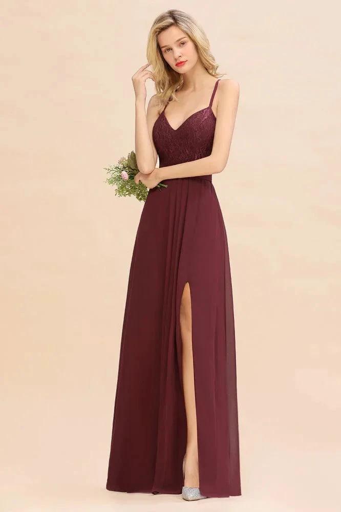 Lace Spaghetti Straps Prom Dresses | A-Line Sleeveless Side Split Evening Dresses