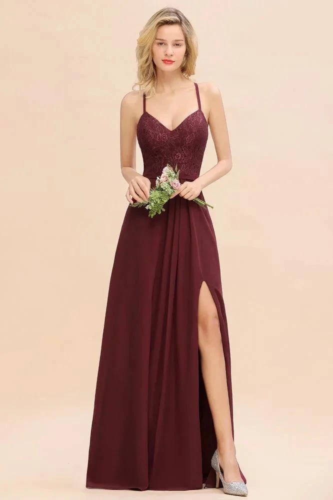 Lace Spaghetti Straps Prom Dresses | A-Line Sleeveless Side Split Evening Dresses