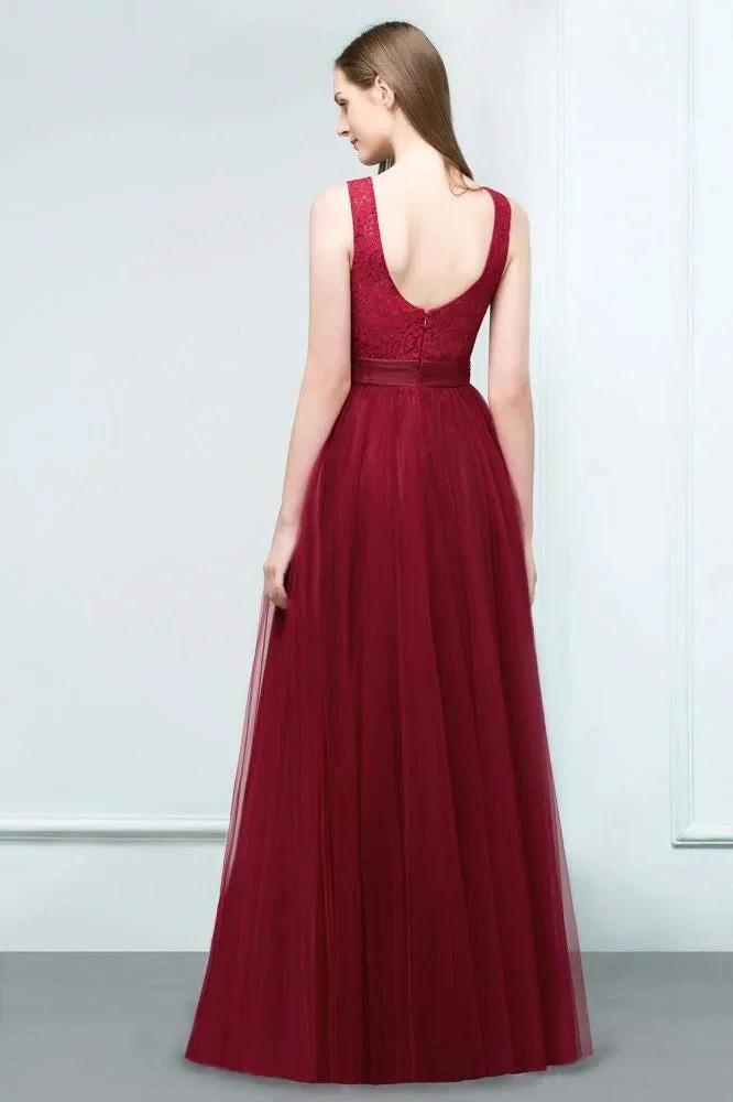 Lace Top Burgundy A-line Scoop Long Sleevless Tulle Prom Dresses