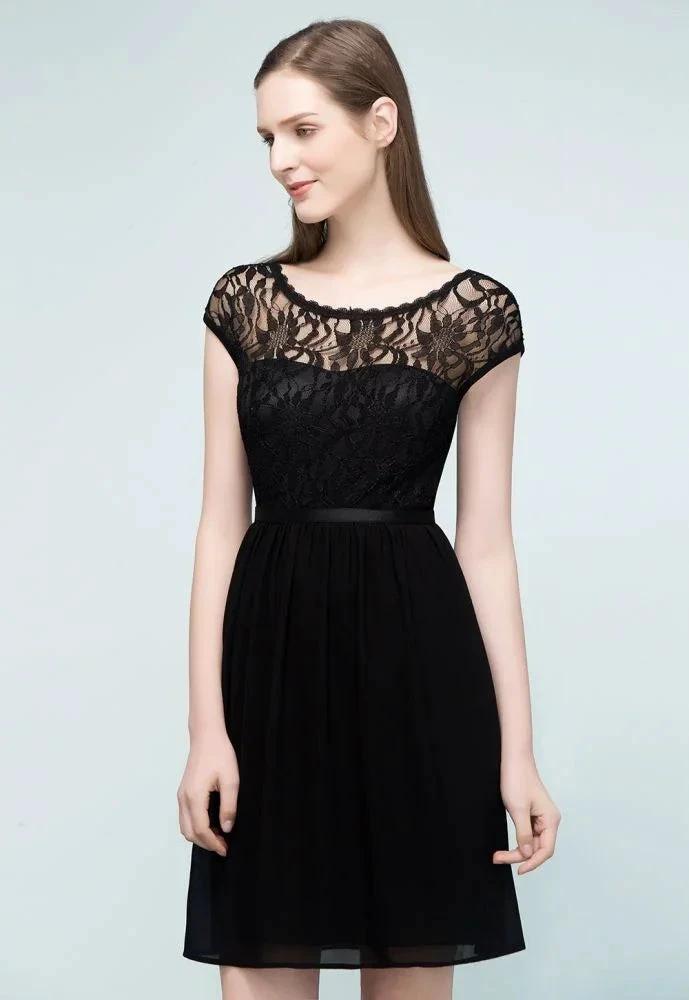 Lace Top Chiffon A-line Short Scoop Bridesmaid Dresses