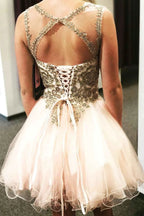 Lace-Up Beaded Cross Back Short Prom Dress Homecoming Dress PD306