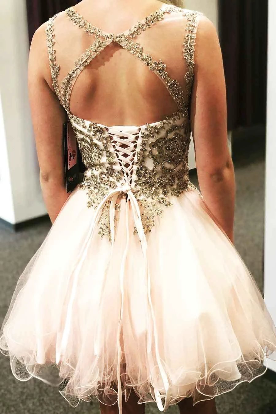 Lace-Up Beaded Cross Back Short Prom Dress Homecoming Dress PD306