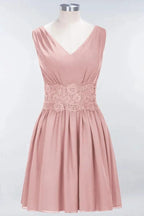 Lace V-Neck Sleeveless Mini Bridesmaid Dresses A-line Chiffon Homecoming Dress