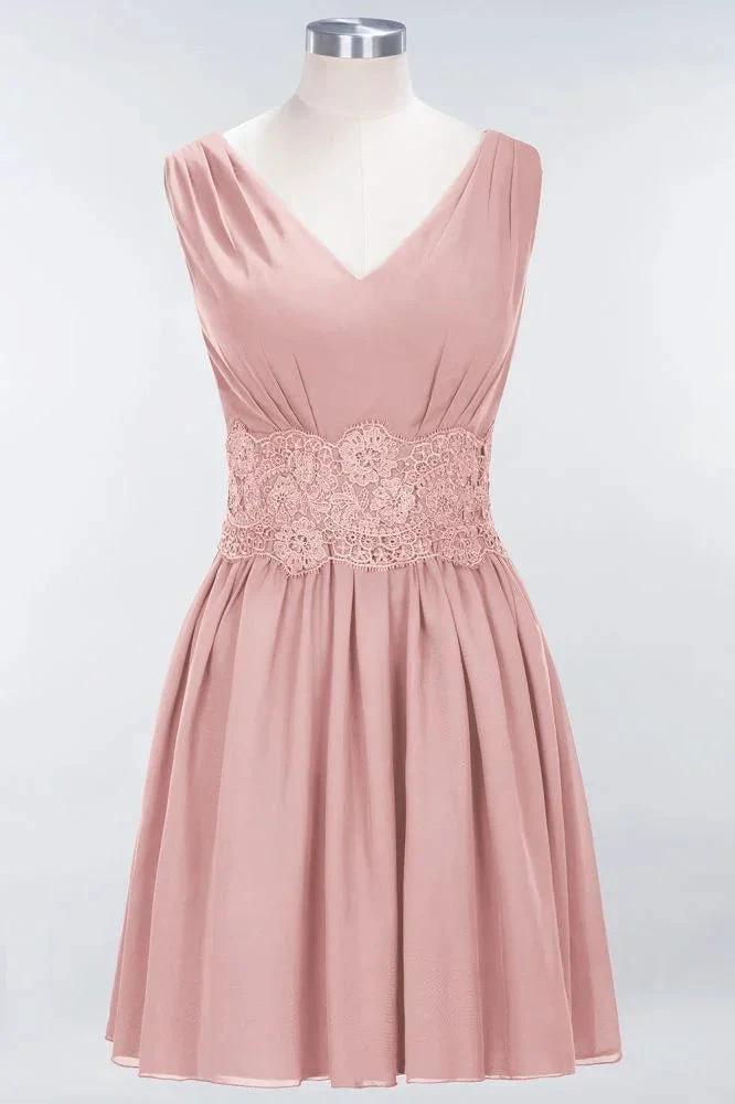Lace V-Neck Sleeveless Mini Bridesmaid Dresses A-line Chiffon Homecoming Dress