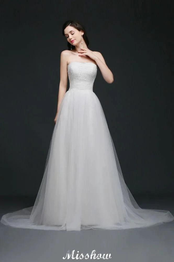 Lace White A-line Strapless Tulle Wedding Dress