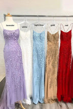 Light Blue Long Lace Open Back Mermaid Prom Dress