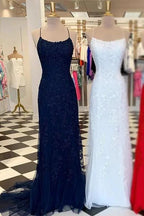 Light Blue Long Lace Open Back Mermaid Prom Dress