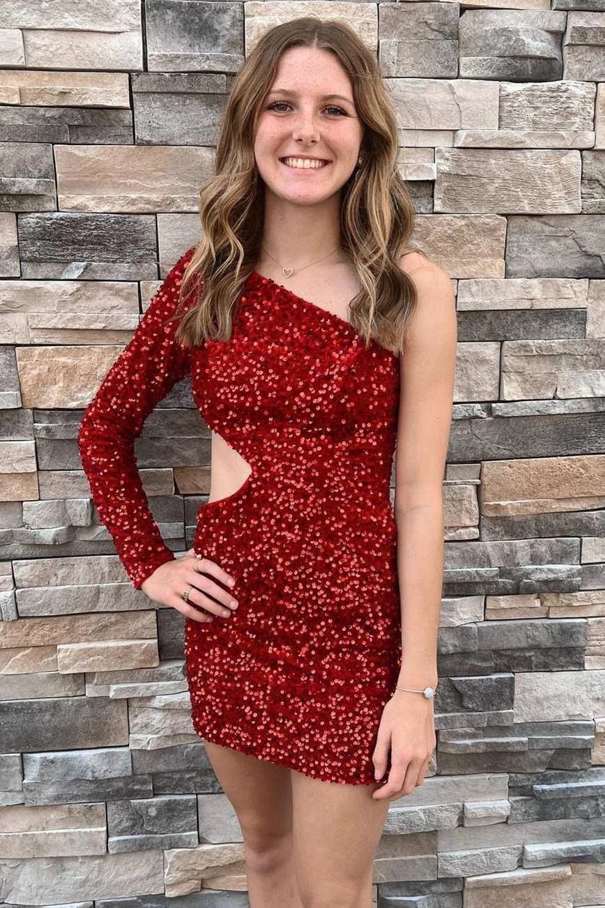 Purple Sequin One-Sleeve Cutout Short Homecoming Dress