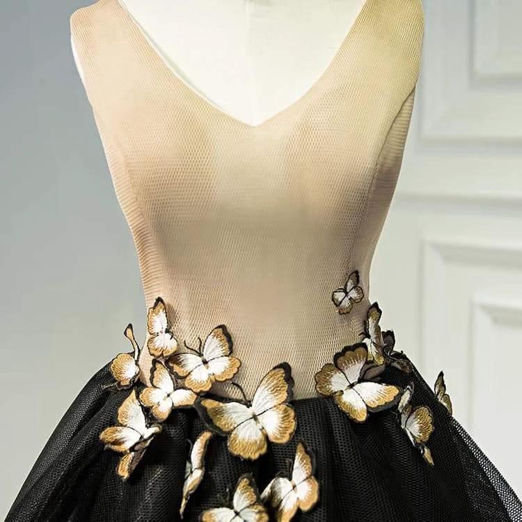 Little Black Homecoming Dress Butterfly V-neck Short Prom Dress PD397