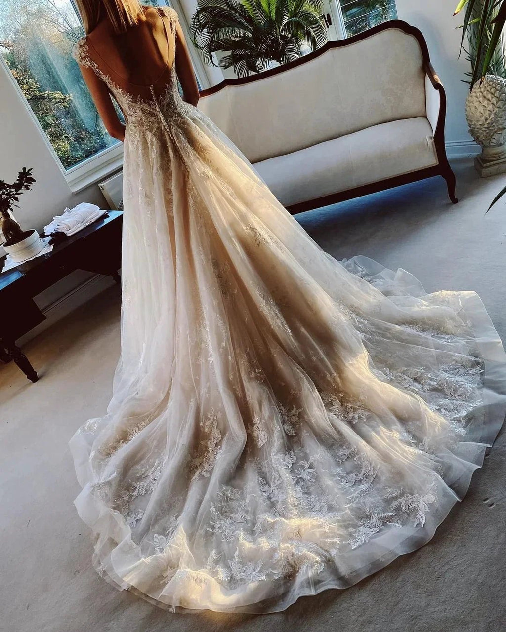 Long A-line Appliques Lace Backless Church Train Wedding Dress