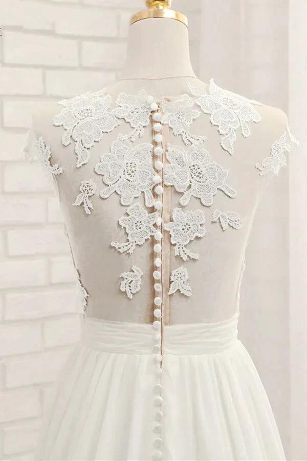 Long A-line Appliques Lace Chiffon Wedding Dress with Slit