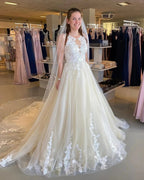 Long A-Line Appliques Lace Tulle Ruffles Backless Wedding Dress