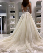 Long A-Line Appliques Lace Tulle Ruffles Backless Wedding Dress