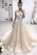 Long A-line Bateau Lace Appliqued Gold Sash Wedding Dress with Sleeves