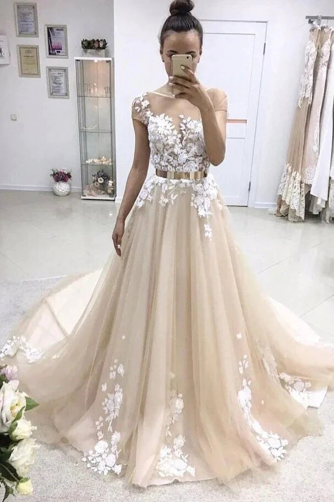 Long A-line Bateau Lace Appliqued Gold Sash Wedding Dress with Sleeves