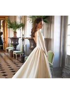 Long A-Line Bateau Neck Court Train Polyester Backless Wedding Dresses with Sleeves