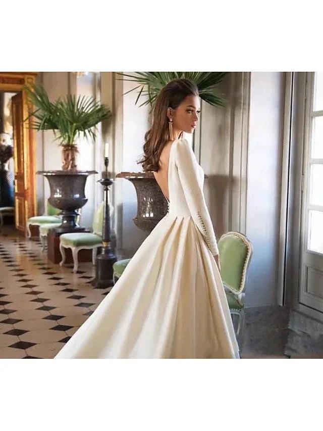 Long A-Line Bateau Neck Court Train Polyester Backless Wedding Dresses with Sleeves