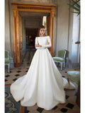 Long A-Line Bateau Neck Court Train Polyester Backless Wedding Dresses with Sleeves