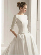 Long A-Line Bateau Neck Polyester Half Sleeve Backless Wedding Dresses with Pockets