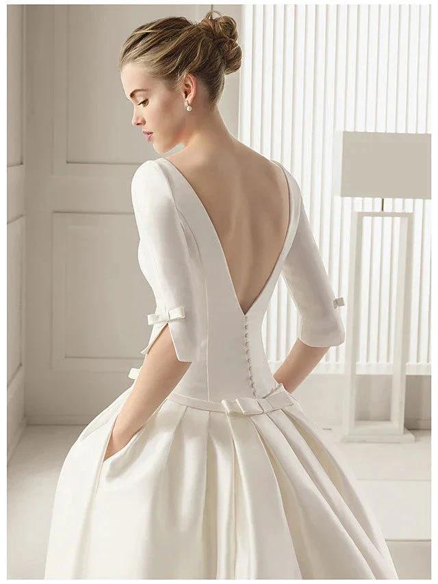 Long A-Line Bateau Neck Polyester Half Sleeve Backless Wedding Dresses with Pockets