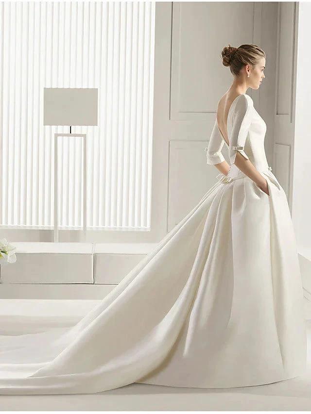 Long A-Line Bateau Neck Polyester Half Sleeve Backless Wedding Dresses with Pockets
