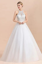 Long A-line Halter Lace Appliques Sequins Sleeveless Wedding Dress