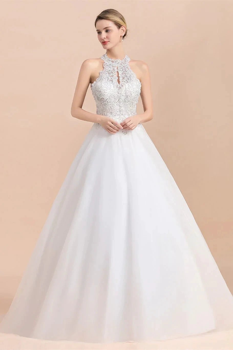Long A-line Halter Lace Appliques Sequins Sleeveless Wedding Dress