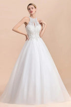 Long A-line Halter Lace Appliques Sequins Sleeveless Wedding Dress