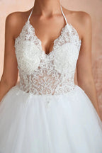 Long A-line Halter Open Back Appliques Tulle Wedding Dress