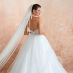 Long A-line Halter Open Back Appliques Tulle Wedding Dress