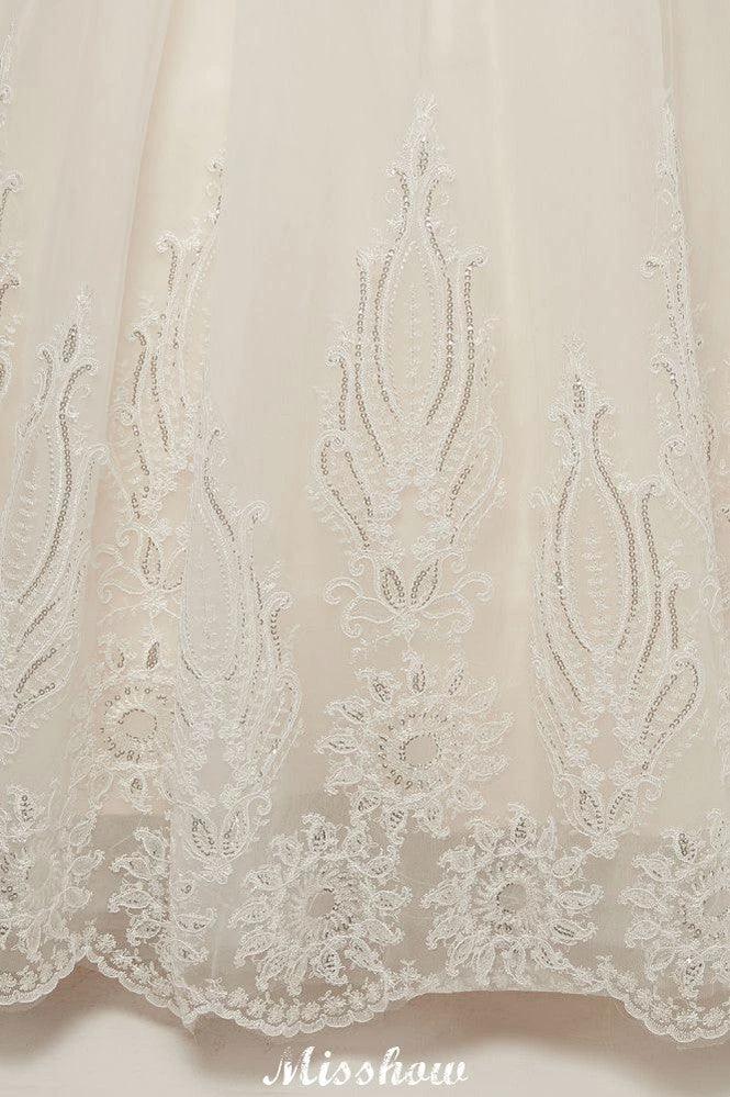 Long A-line High Neck Lace Appliques Short Sleeves Wedding Dresses with Lace-up