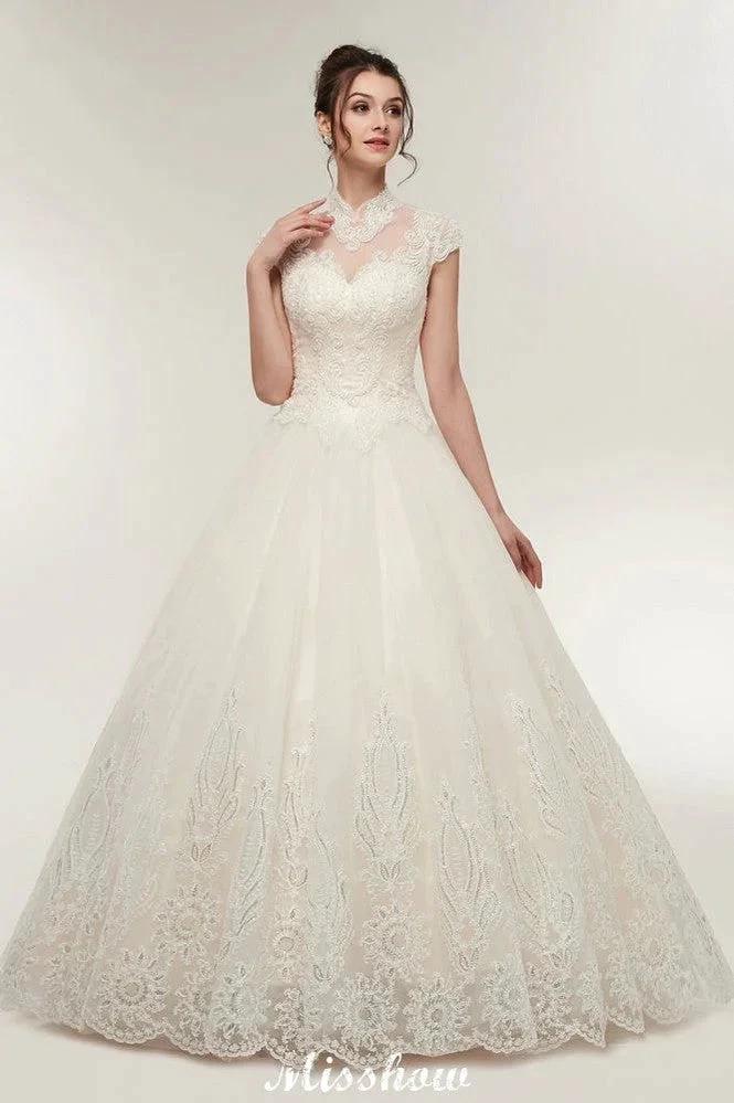 Long A-line High Neck Lace Appliques Short Sleeves Wedding Dresses with Lace-up