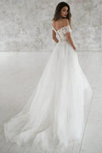Long A-line Off the Shoulder Appliques Tulle Wedding Dress with Sleeves