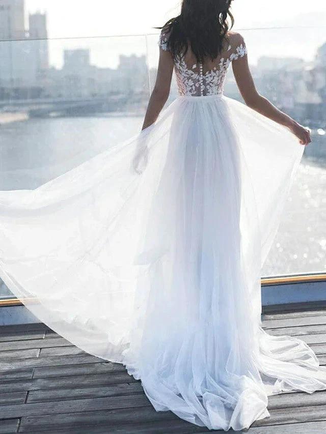 Long A-Line Off the Shoulder Lace Chiffon Wedding Dresses with Sleeves