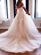 Long A-line off the Shoulder Tulle Prom Dress White Lace Formal Evening Gowns