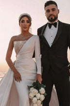 Long A-line One Shoulder Sequins Satin Wedding Dress with Sleeves