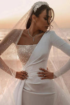 Long A-line One Shoulder Sequins Satin Wedding Dress with Sleeves