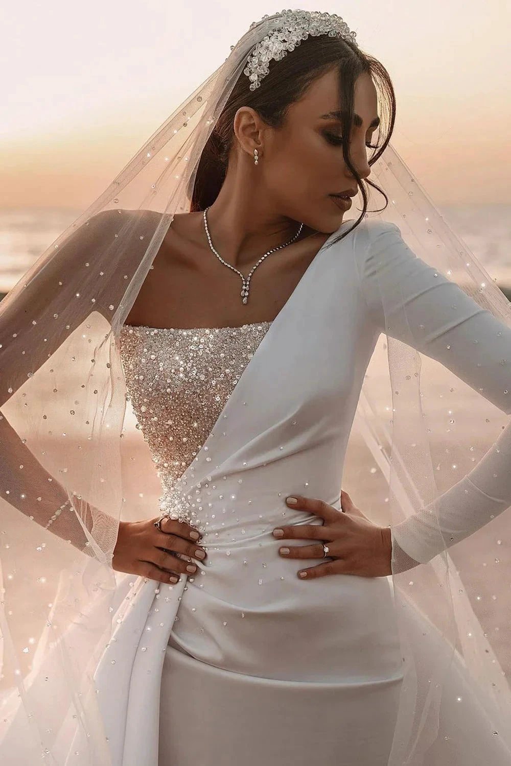 Long A-line One Shoulder Sequins Satin Wedding Dress with Sleeves