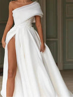 Long A-Line One Shoulder Sweep Brush Train Chiffon Wedding Dresses with Slit