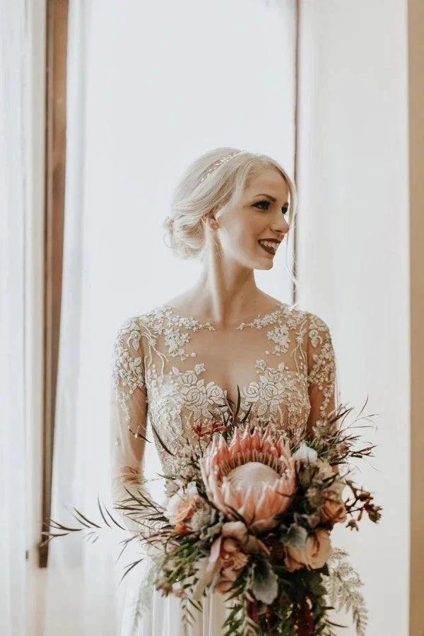 Long A-Line Open Back Chiffon Appliques Lace Wedding Dress with Sleeves