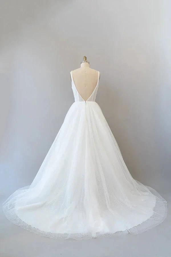 Long A-line Open Back Sequins Tulle Backless Wedding Dress