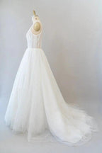 Long A-line Open Back Sequins Tulle Backless Wedding Dress