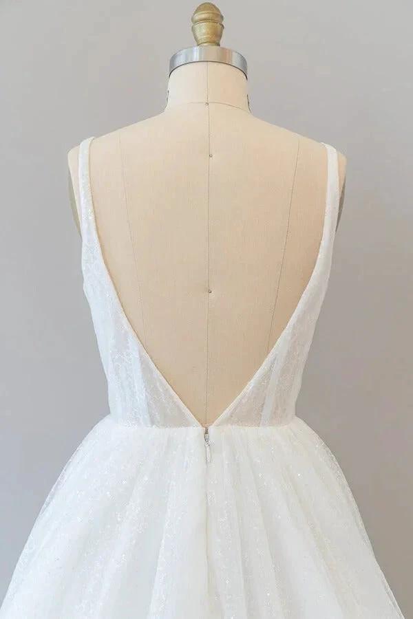 Long A-line Open Back Sequins Tulle Backless Wedding Dress