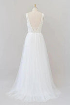 Long A-line Open Back V-neck Lace Tulle Wedding Dress