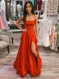 Long A-line Scoop Neck Spaghetti Straps Satin Backless Formal Prom Dresses with Slit