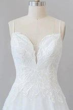 Long A-line Spaghetti Strap Applique Tulle Backless Wedding Dress