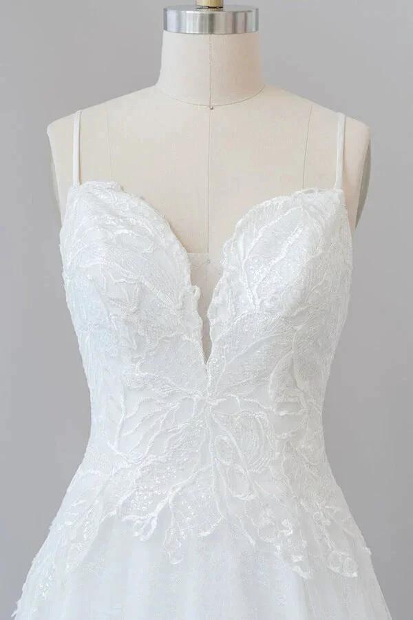 Long A-line Spaghetti Strap Applique Tulle Backless Wedding Dress