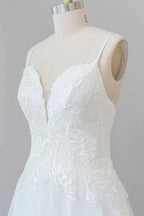 Long A-line Spaghetti Strap Applique Tulle Backless Wedding Dress