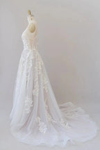 Long A-line Spaghetti Strap Lace Appliques Tulle Backless Wedding Dress